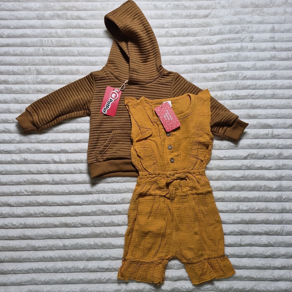 PatPat Toddler Girls 2pc Set Brown Ribbed Hoodie Mustard Yellow Romper 18-24M